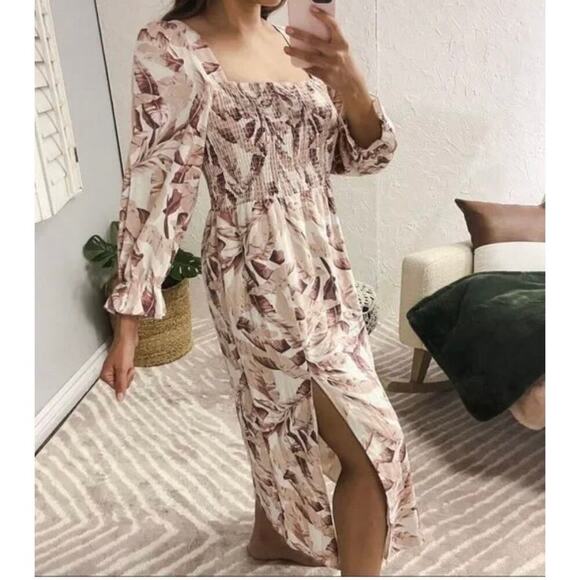 NWT House of Harlow 1960 Palm Leaf Linen Smocked Midi Dress L Cottagecore Boho - Picture 3 of 16